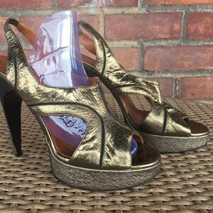 LANVIN Metallic Gold Leather Peep Toe Platform Pumps Heels 39 9 Dustbag